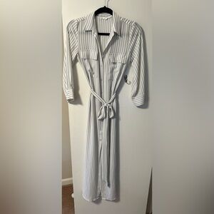 Olivaceous Grey striped and White Notched Collar Snap Button Down Shirt Dress